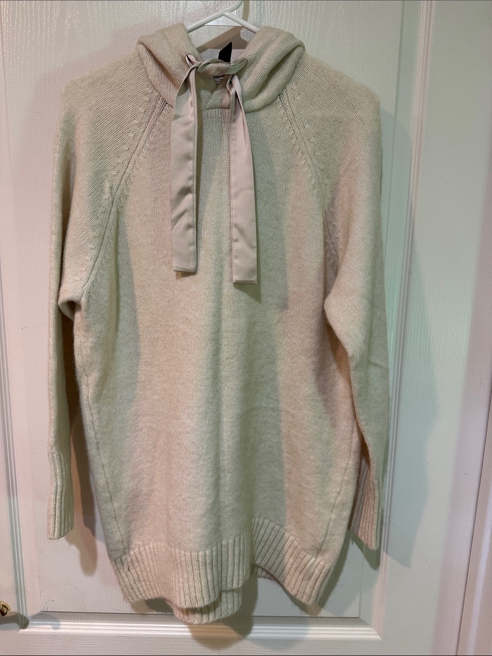 Express Cream Hooded Turtleneck Sweater with Satin Tie